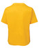 A yellow kids' t-shirt featuring short sleeves and a plain back. It has a logo on the back.