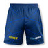 Custom men's soccer shorts in navy blue with blue geometric patterns and a logo on the right side.