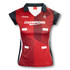 A women's netball top in red and black with a collar, featuring a logo and design elements.