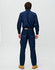 A pair of navy work pants with a straight fit, featuring cargo pockets, displayed from the back.