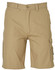 Heavy duck weave cargo shorts in beige with multiple side pockets. Features a button closure and logo branding.