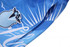 A blue beach shirt and shorts featuring a logo and vibrant graphics of clouds and sunbeams.