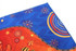 A hand towel featuring a vibrant design in blue, red, orange, and yellow with abstract patterns and a logo.