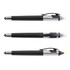 A black stylus pen with a highlighter tip, featuring a silver clip and accents, displayed in three positions.