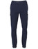 A pair of navy work pants with cargo pockets and an elasticated cuff, featuring a logo on the waistband.