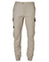 A pair of beige work pants featuring cargo pockets and a logo, designed for durability in work environments.