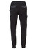 A pair of black work pants featuring grey accents and multiple pockets, with a logo on the waistband.