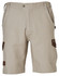 A pair of light beige work shorts featuring multiple pockets and contrasting brown accents, with a brand logo.