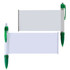 A green plastic pen with a banner feature, accompanied by a similar pen in a different position.