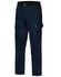 Navy blue poly/cotton stretch work pants with pockets and a logo. Suitable for workwear.