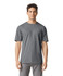 A plain grey adult T-shirt on a male model, featuring short sleeves and a round neckline. It has a logo.