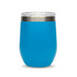 A reusable coffee cup in a vibrant blue color with a stainless steel band around the top and a clear lid.