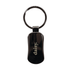 A gunmetal keychain featuring a rounded design and a split ring for attaching keys, with a branding logo.