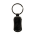A gunmetal keychain featuring a sleek design with a smooth black surface and a metal ring.
