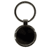 A gunmetal keychain with a circular pendant and a round keyring attachment. Features a polished finish.