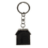 A gunmetal keychain shaped like a house, featuring a circular keyring attachment and a sleek finish.
