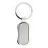 A shiny silver keychain with a smooth, rounded rectangular body and a metal ring for attaching keys.