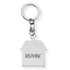 A silver keychain shaped like a house, featuring a logo, attached to a metal ring.