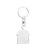 A silver keychain in the shape of a house, featuring a metal ring and a clasp.