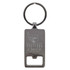 A silver rectangle keychain with a split ring and a bottle opener feature. It has a logo on the front.
