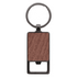A rectangular keychain featuring a brown wood effect finish and a metal keyring. The keychain has a logo.