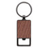 A rectangular keychain featuring a wooden design and a metal ring for attachment.