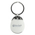 A silver keychain with a circular ring and an egg-shaped body, featuring a logo on one side.