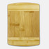 A bamboo cutting board featuring a smooth surface with a natural finish and rounded corners. It has a logo on it.