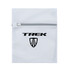 A white laundry bag with a zip, featuring a logo on the front.