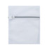 A white laundry bag with a grey zipper, featuring a branding logo on the front.
