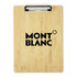 A bamboo clipboard with a metal clip, featuring a black logo prominently on the surface.