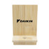 A bamboo phone stand with a simple design, featuring a slot for the device and an engraved logo.
