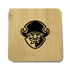 A square bamboo coaster featuring a black pirate emblem on a light bamboo background.