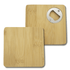 A square bamboo coaster featuring a built-in bottle opener, showcasing a natural bamboo finish.