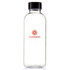 A drink bottle made of clear Tritan plastic with a black lid and a logo in red.