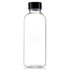 A drink bottle made of clear Tritan with a black screw-on lid. It has a sleek, modern design.