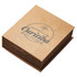 A square menu book with a textured brown cover and stylish black lettering. It has an emblem and decorative design elements.