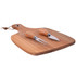 An acacia cheeseboard with a natural wood finish and two stainless steel knives with wooden handles.