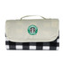 A picnic blanket featuring a black and white checkered pattern with a light grey cover and a logo.