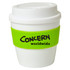 A small white cup with a green silicone band, featuring a logo on the band.