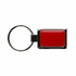 A rectangular keychain featuring a shiny red centre and a silver metallic frame attached to a keyring.