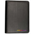 A black zippered compendium with a textured finish, featuring a logo in vivid colours at the bottom.