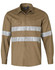A brown long-sleeve work shirt featuring reflective 3M tape strips and front pockets. Includes a logo.