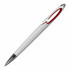 A plastic pen in white with a red accent and chrome tip, featuring a logo on the side.