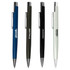 A collection of four metal pens in blue, olive green, black, and light grey, featuring various logos.