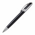 A metal pen with a sleek black barrel and silver accents. It features a clip and a pointed tip for writing.