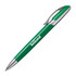 A green metal pen with a shiny silver clip and branding on the barrel.