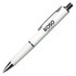 A metal pen in white with a textured grip and a shiny silver clip, featuring a logo.