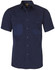 A navy short sleeve work shirt featuring two chest pockets and a branded logo.