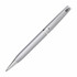 A silver pen with a sleek design and chrome accents. It features a pocket clip and has a branding logo.